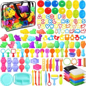 HyDren 142 Pcs Playdough Accessories Set for Kids Include 131 Dough Tools 10 Colored Dough and Storage Bag Various Plastic Molds DIY Play Toys for Boy Girl Birthday Party Classroom Gifts