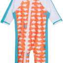 SwimZip Boys' Long-Sleeve UPF 50+ Swimsuit for Baby, Toddler, & Little Boys (18-24 Months, Orange Dino)