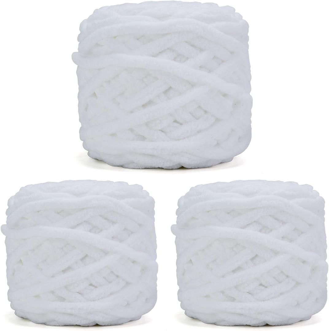 INNDUN Blanket Yarn 3 Pack of 100g/3.5oz - White Chenille Yarn 6 Super Bulky - Knitting, Crocheting & Crafts Chunky Yarn