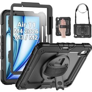 SEYMAC Case for iPad Air 11 Inch M4 / M3 / M2 (2026/2025 / 2024), Heavy Duty Shockproof Protective Case with Screen Protector, 360 Rotating Stand and Hand/Shoulder Strap, Black