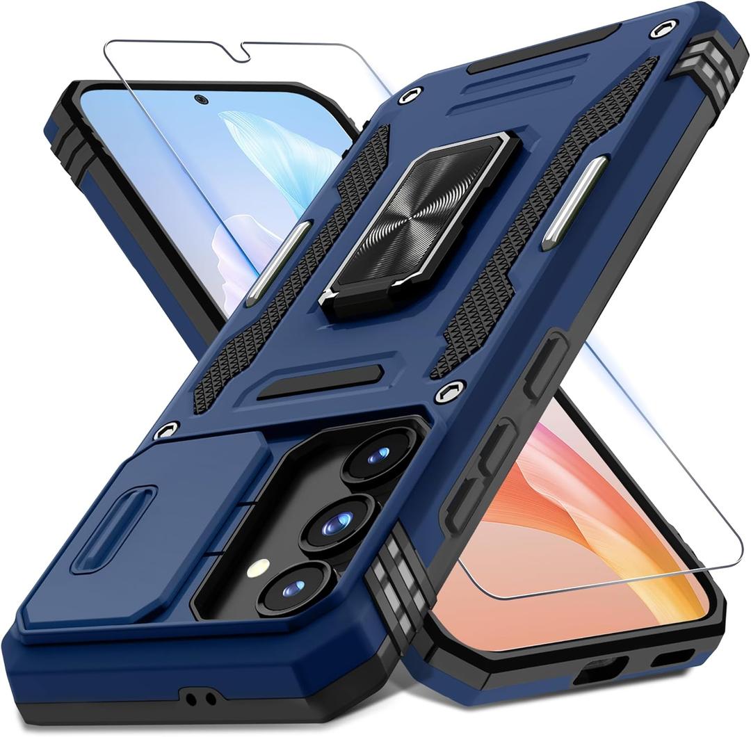 DEERLAMN Case for Samsung Galaxy S24 FE 6.7-Inch with Slide Camera Cover+Screen Protector(1 Pack), Rotated Ring Kickstand Military Grade Shockproof Protective Cover-Navy Blue