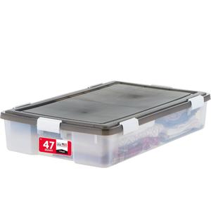 IRIS USA WeatherPro Underbed 47 Qt Storage Bins with Lids, 1 Pack, BPA-Free Plastic Gasket Box with Tight Latch and Seal, Stackable Nestable Underbed Tote Tub - Gray/Clear