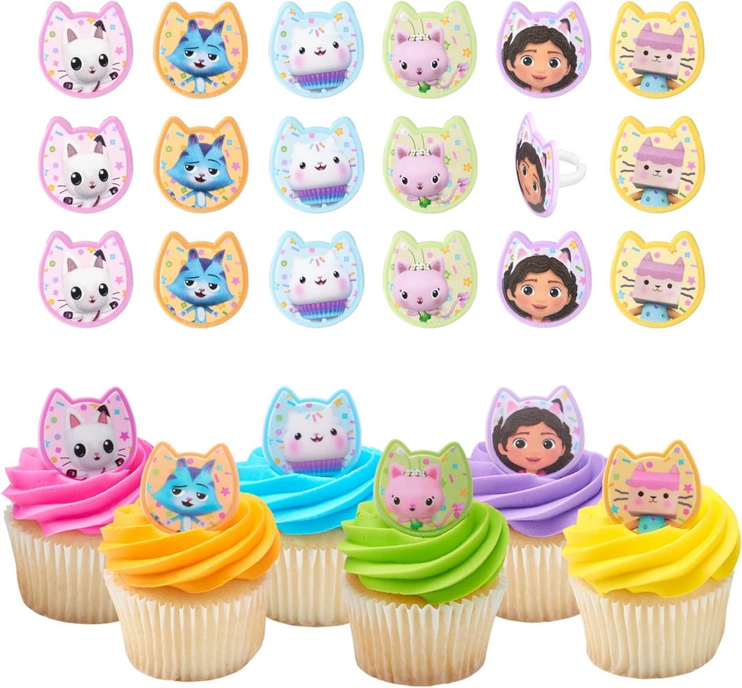 DecoPac DreamWorks Gabby's Dollhouse Rings, 24 Cupcake Decorations Featuring Gabby, Pandy Paws, Irresistible Kitty Characters, and Super Fun Adventures! - 24 Pack