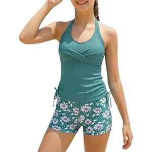 Girls Bathing Suits for Teens Size 12-14 V Neck Halterneck Stitch Swimsuit with Padded Juniors Summer Beach Green Daisy Tankini Swim Set 12-14 Year Big Girl Hawaii Beach Drawstring Shorts Swimwear