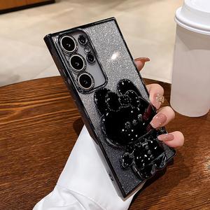 Mirror Stand for Galaxy S24, for Samsung Galaxy S24 with Mirror Stand,Bunny Folding Bracket Kickstand Phone Case-Black Bunny