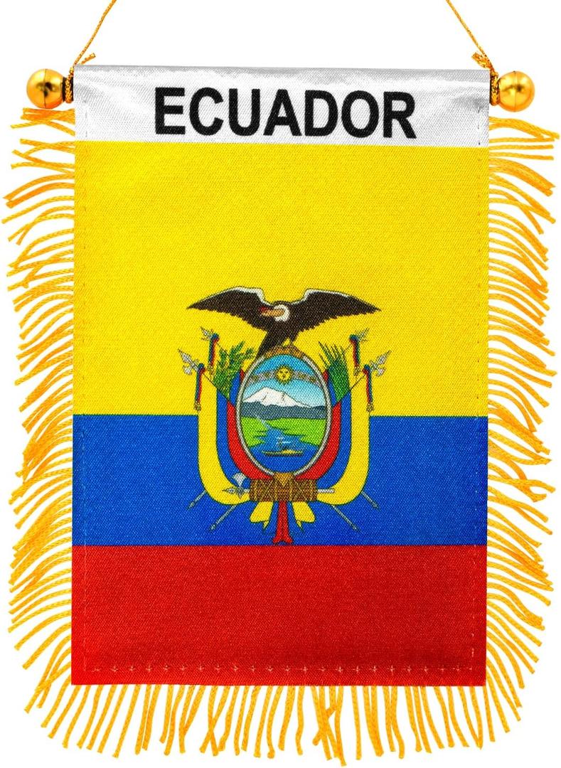 Anley 4 X 6 Inch Ecuador Fringy Window Hanging Flag - Mini Flag Banner & Car Rearview Mirror Dcor - Fringed & Double Sided - Ecuadorian Hanging Flag with Suction Cup