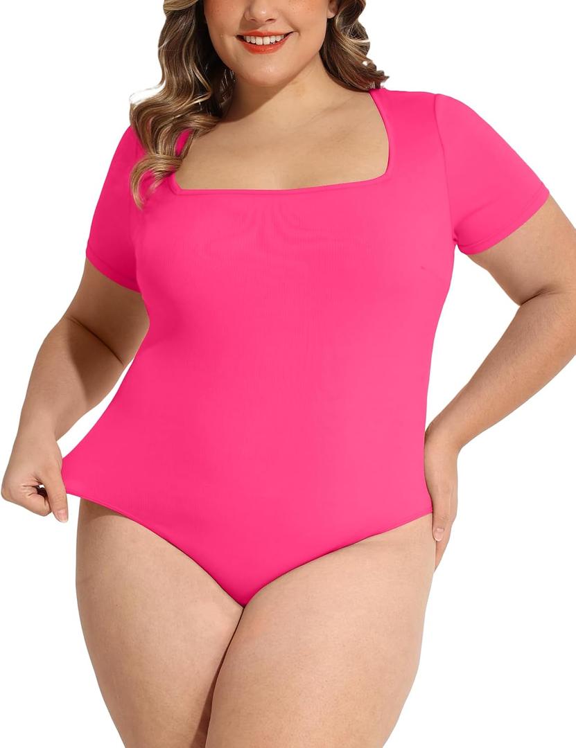 FOREYOND Plus Size Bodysuits for Women Short Sleeves Square Neck Body Suit Tops Casual Basic Slim Fit Shirts Leotards, Hot Pink, 2XL