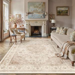 8x10 Beige Washable Vintage Area Rug for Living Room Bedroom Soft Traditional Non Slip Large Throw Rug Lightweight Floral Low Pile Distressed Carpet Office Playroom Home Decor