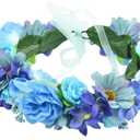 Vivivalue Rose Flower Crown Flower Garland Headband Hair Wreath Floral Headpiece Halo Boho with Ribbon Wedding Party Festival Photos Blue (10)
