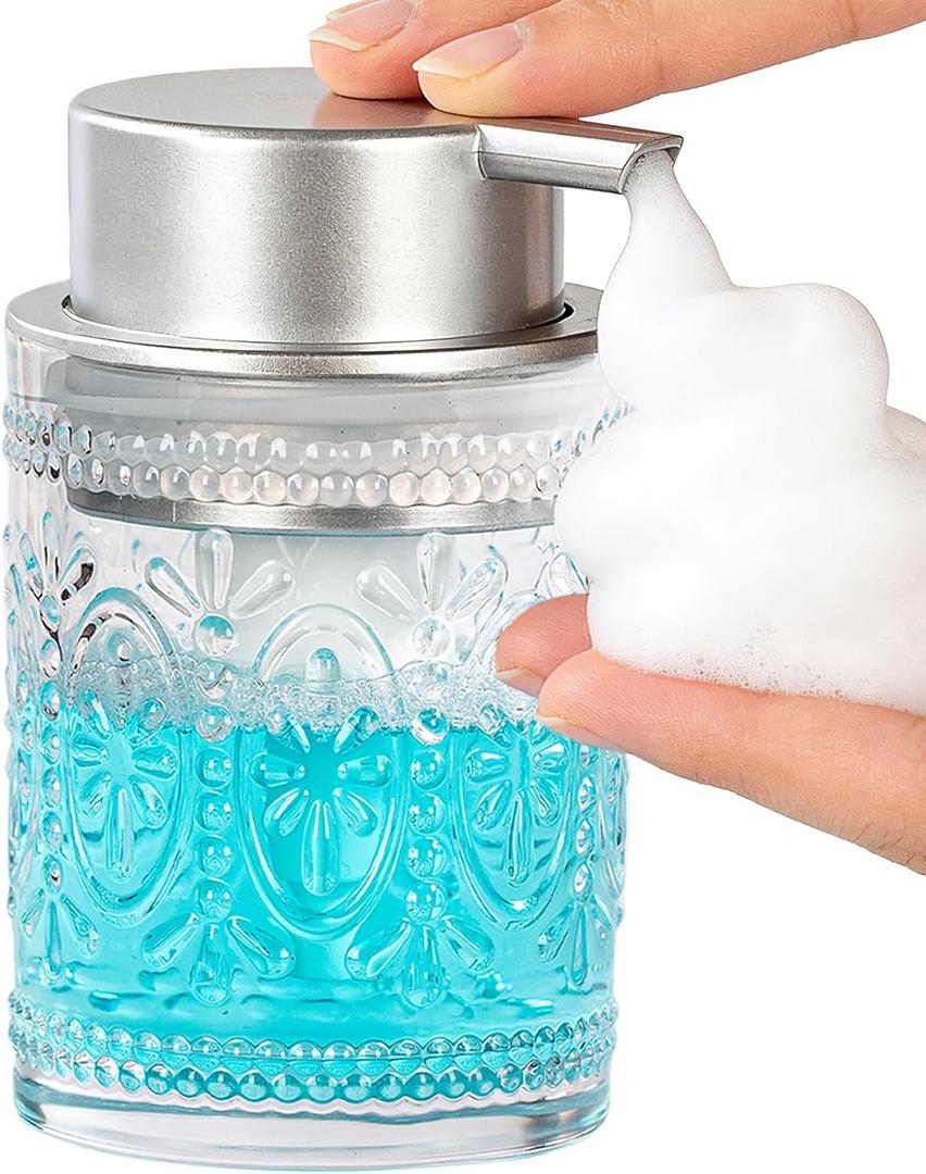 Glass Foam Soap Dispenser, 8 Oz Face Wash Dispenser for Bathroom, Vintage Glass Clear Foaming Hand Soap Dispenser, Small Refillable Lotion Dish Dispenser for Kitchen, Matte Silver Pump