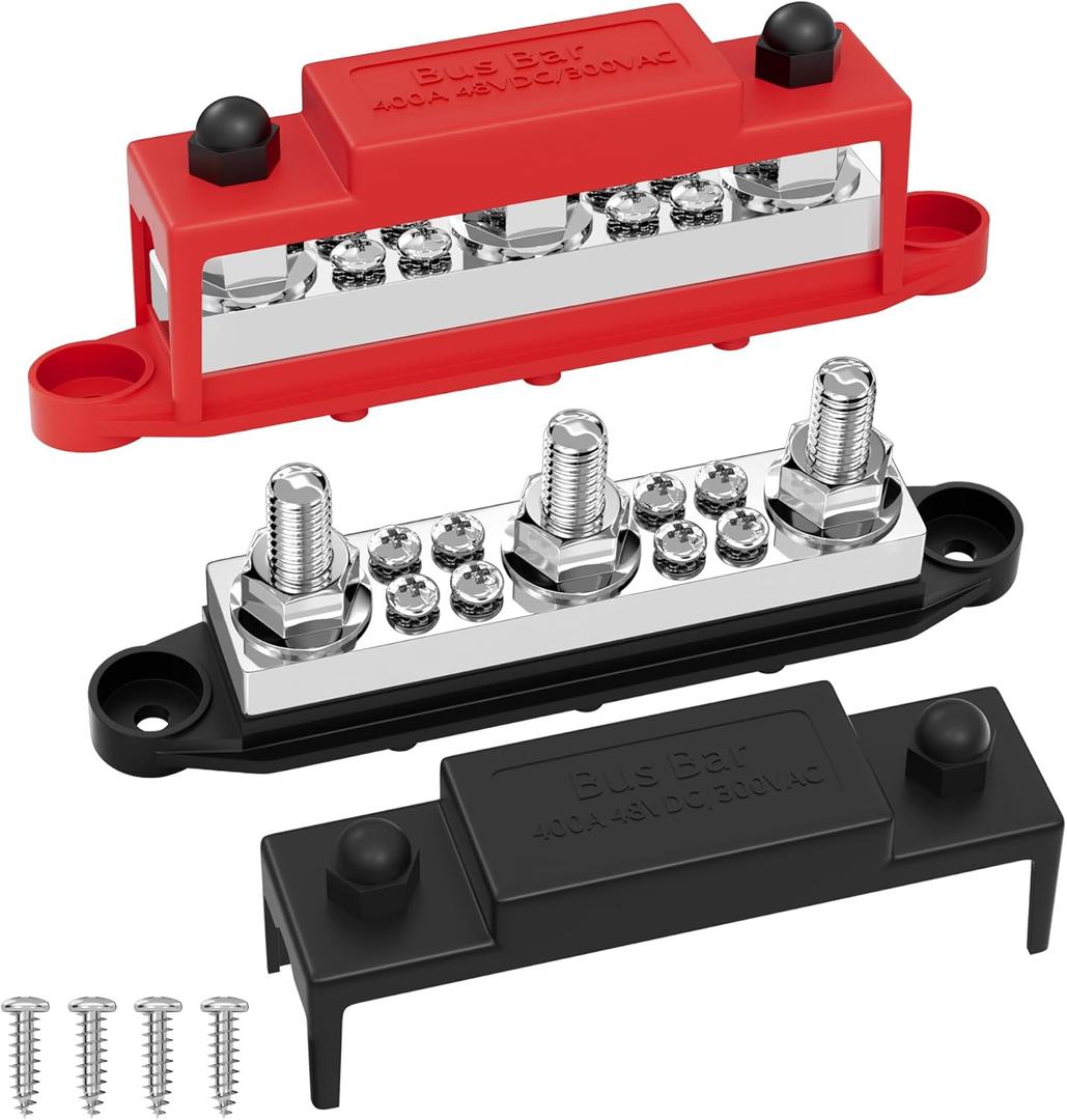 Joinfworld Power Distribution Block 400A Bus Bar 12V 48V with 3 x 3/8"(M10) Studs 12 Volt Automotive Marine DC Battery Busbar Terminal Block with Cover - Negative & Positive