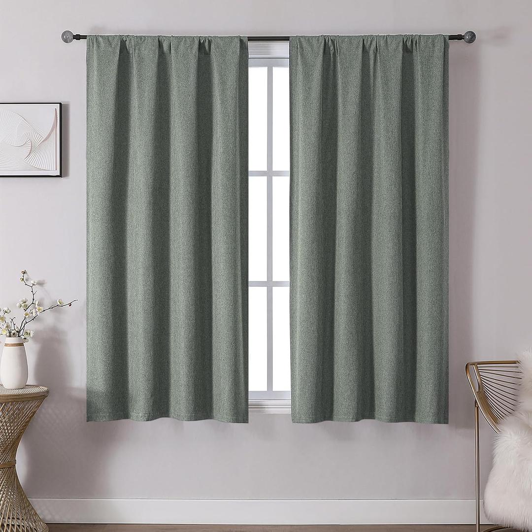 OVZME Sage Green Blackout Curtains for Windows 54 Inch Length 2 Pieces, Faux Linen Textured Rod Pocket Window Drapes for Living Room, Room Darkening Thermal Insulated Curtain Panels, 37Wx54L Inches