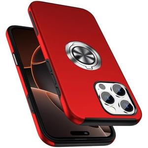 PELEPUES Shockproof Case for iPhone 16 Pro Max, [Embedded Finger Ring] Military Grade Phone Case Cover with Reinforced Metal Stand Kickstand [Support Magnetic Car Holder] for iPhone 16 6.9'', Red