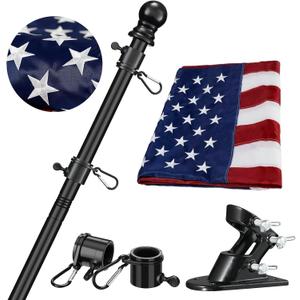 Barcetine American Flag with Pole - Includes 6ft Heavy Duty Flag Pole Holder for Outside House,3x5 Embroidered US Flag and Wall Mount Bracket,Tangle Free Flagpoles Kit for Porch,Fence,Outdoor (Black)