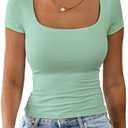 Dwnval Womens Sexy Short Sleeve Square Neck Tops Double Lined Basic Slim Fit Crop T Shirt 2025 Summer (XX-Large, 2# Sage Green)
