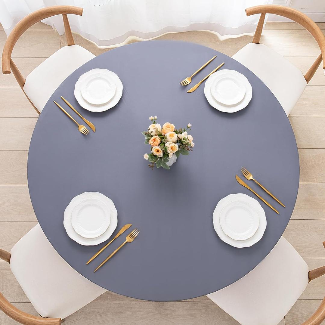 UMINEUX Round Fitted PEVA Vinyl Tablecloth with Elastic Edged & Flannel Backing, Waterproof Wipeable Round Table Cover for Indoor Outdoor Patio Use - Fits Tables up to 45"-56" Dia. (Gray)