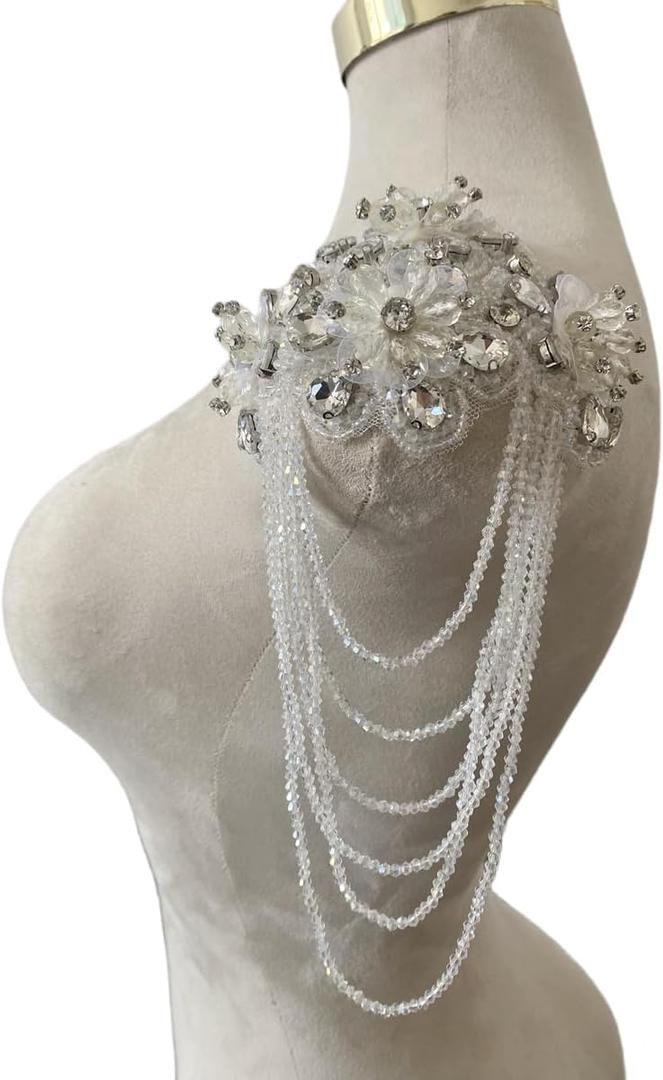 Handmade 3D Three-Dimensional Flower Rhinestones Applique Sewing Crystal Fringe Beads Sequins Patches Accessory for Wedding Dresses DIY Decorative 6X10inches 1PCS/Bag (Silver)
