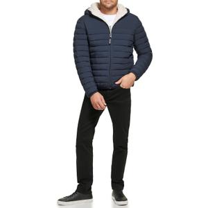Calvin Klein mens Lightweight Packable Down Jacket With Sherpa Lining (Small, Hooded Down True Navy)
