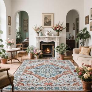 Noahas Area Rugs for Living Room，8x10 Machine Washable Vintage Rugs Non-Slip Low Pile Farmhouse Carpets for Entryway Bathroom Kitchen Bedroom Laundry Room Home Decor