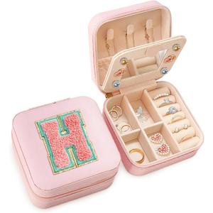 SANDJEST Personalized Jewelry Box, Pink Travel Jewelry Box with Initial H, Small Monogrammed Jewelry Case Organizer for Girls Women Teen Kids, Mini Travel Essentials Gifts for Birthday Christmas