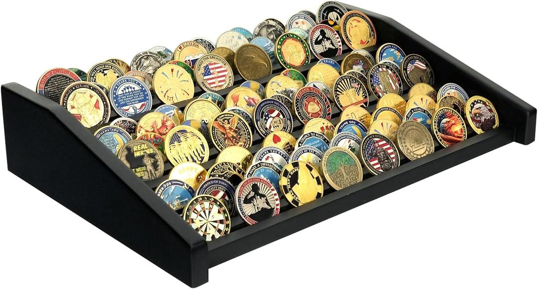 Challenge Coin Display Holder, 12 Rows Solid Wood Military Coin Stand Holds 80-100 Coins, Army Coin Display Rack for Desk (Black Finish)