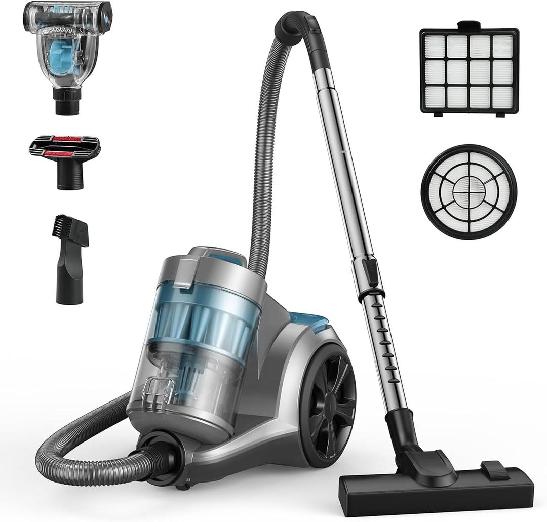 1700W Canister Vacuum, 45Kpa Bagless HEPA for Pet Hair, Hard Floor
3.5QT XL Dust Cup, 5-Stage Filtration, Tangle-Free Brush, Auto Cord Rewind, 4 Tools, Lightweight, Quiet