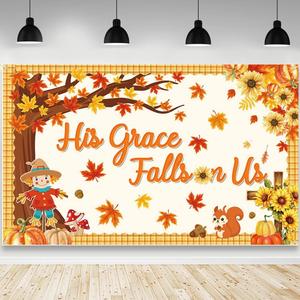 His Grace Fallis On Us Backdrop Fall Thanksgiving Banner Autumn Maple Leaves Pumpkin Fall Bulletin Board Decorations Fall Classroom Decorations Wall Decor Supplies 70.8 x 43.3 inch