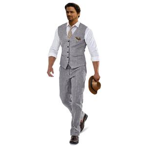 Furuyal Men Linen Casual Suit Summer Beach Wedding Suits Groomsmen Attire Prom Tuxedos Formal Outfit Vest+Pant Light Gray-XXL