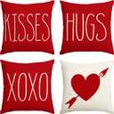 AVOIN Valentine's Day Saying Throw Pillow Cover, 16 x 16 Inch Holiday Kisses Hugs XOXO Love Heart Arrow Anniversary Wedding Cushion Case Decoration for Sofa Couch Set of 4 (Red)