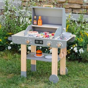 Wooden Kids Grill Playset  Realistic Play Barbecue Set with Grilling Tools and Foods  Pretend Grill Toy for Kids Ages 3+