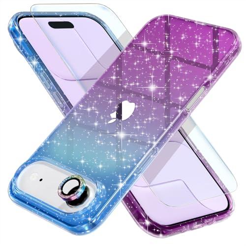 Choiche Compatible for iPhone 17 Air Case, Women Cute Clear Glitter Bling Sparkly Case, [1 x Diamond Camera Lens Protectors] [2 x Tempered Glass Screen Protectors] 6.5-inch (Glitter Blue/Purple)