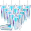 Domensi Iridescent Plastic Cups with Lids and Straws 24 oz Iridescent Reusable Plastic Tumblers Iced Coffee Cups for Shiny Disco Birthday Wedding Bachelorette Party Supplies(12 Pack)