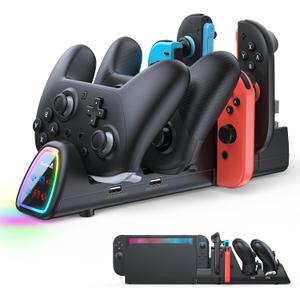 FASTSNAIL [Switch 1/2 Compatible] Controller Charging Dock for Nintendo Switch 2/1 for Joycon 2, 10 in 1 Fast Controller Charger Station Stand for Pro Controller 2/1 with 11 RGB Modes, LED Indicator (Black)