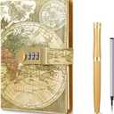 Vintage Old Map Diary with Lock,A5 Locking Journal Pu Leather Refillable Writing Notebook with Lock Combination Password Personal Lock Journal with Pen&Gift Box Secret Lock Diary for Adults Men & Women