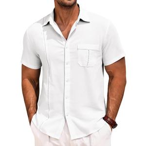 Runcati Mens Cuban Guayabera Shirts Button Down Short Sleeve Shirt Casual Mexican Summer Beach Wedding Tops with Pocket