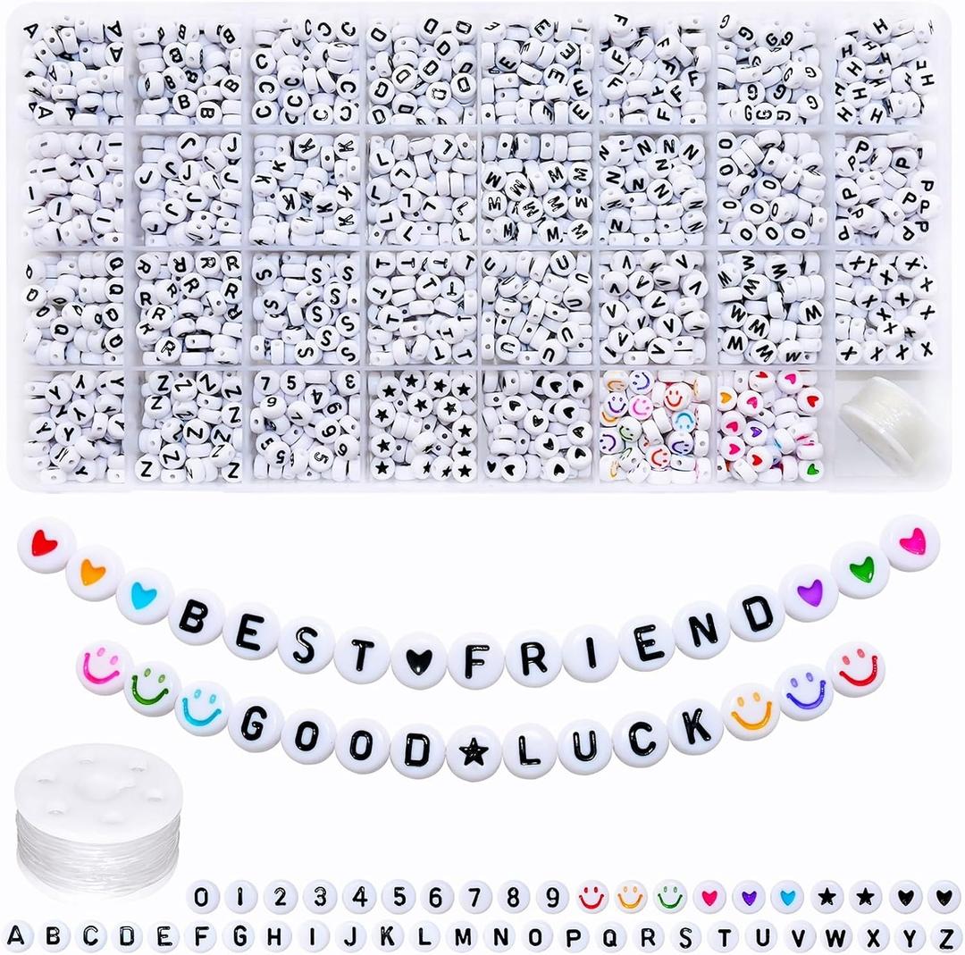 Amaney 1600pcs Acrylic Alpabet Letter Beads,31 Styles,Heart,Number,Star and Smiley Beads,4x7mm for Jewelry Making Bracelets Necklaces Key Chains (7x4mm)