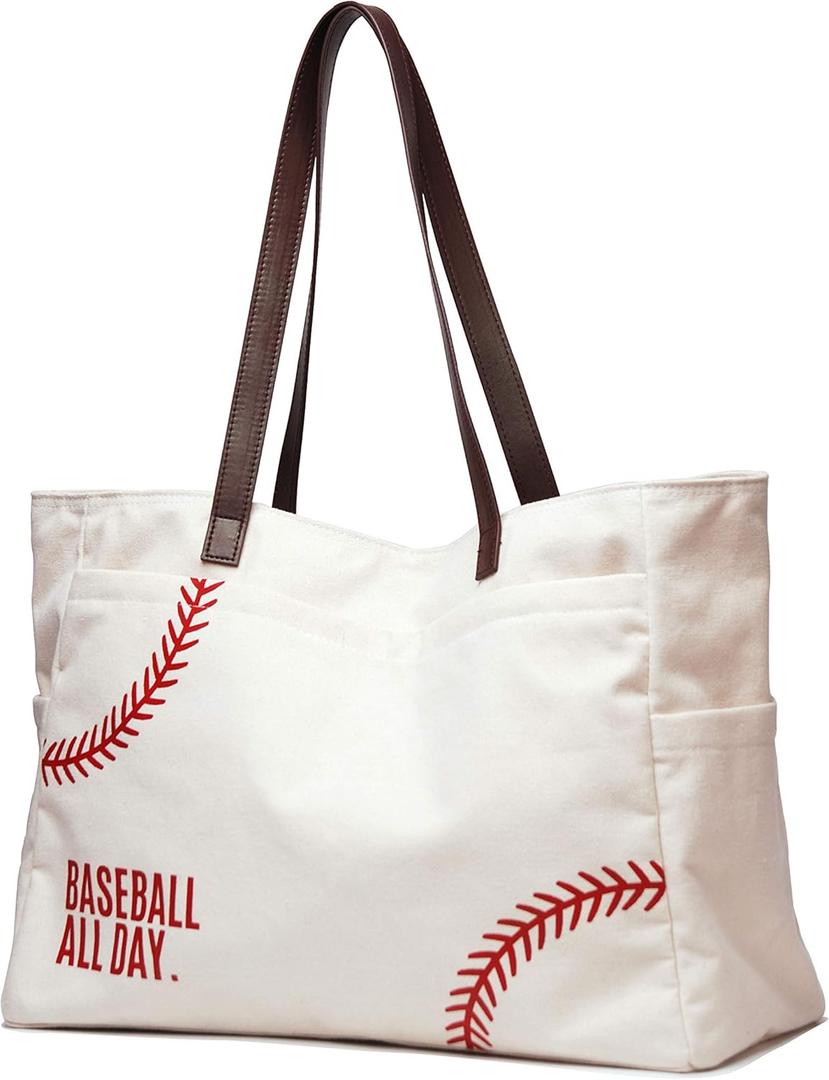 JIU HONG CHAO XL Baseball Mom Tote Bags For Women Canvas Utility Purse Handbag with Pockets Embroidery Baseball Prints Shoulder Bag Baseball Stuff Gifts for Baseball Mom (X-Large, White)