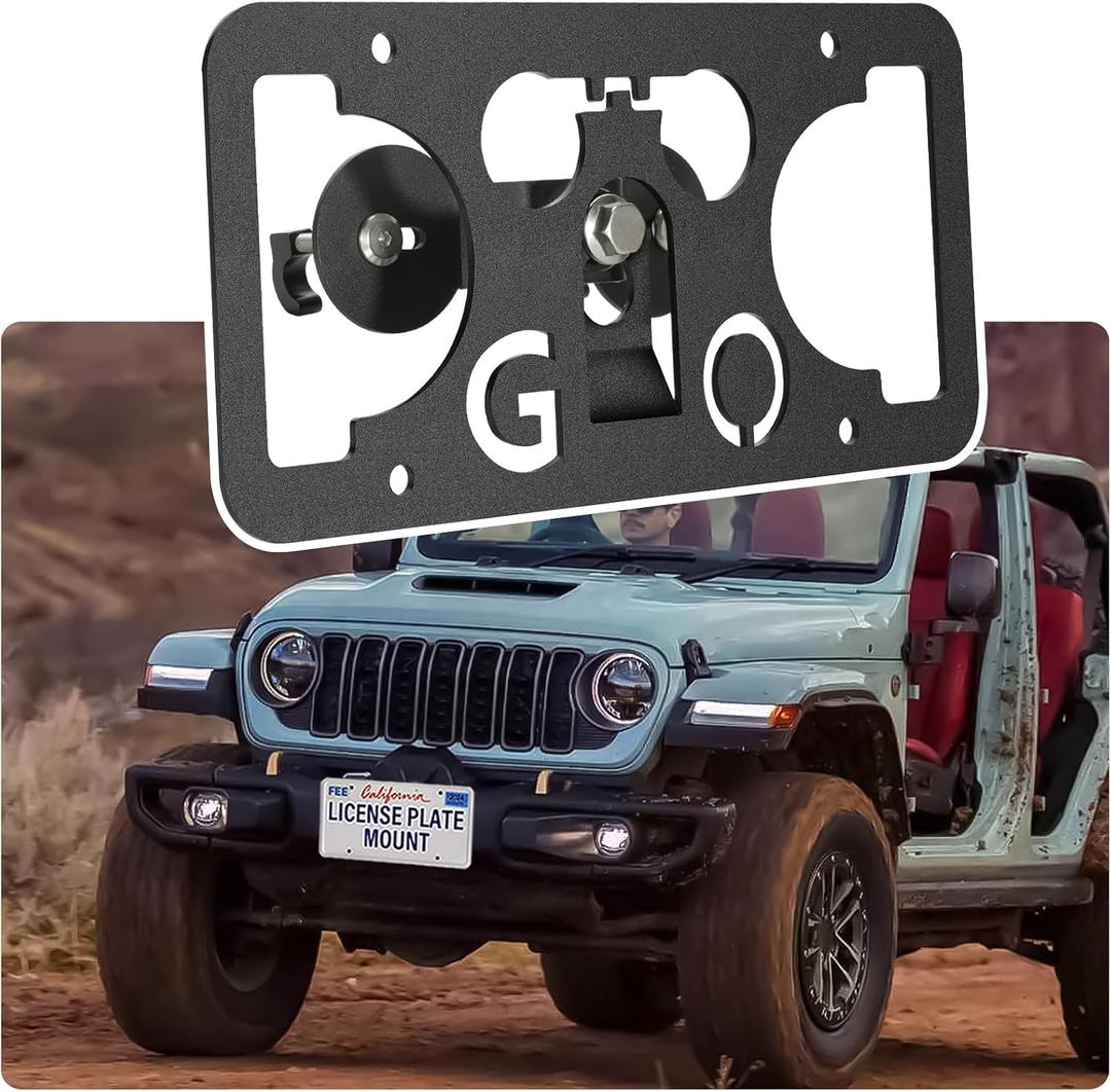 No Drill License Plate Holder Compatible with Jeep Wrangler 2013-2025/ Wrangler 4xe 2021-2025 Front Grille License Plate Mount Bumper Bracket Holder Car Tag Frame Anti-Theft Adapter Accessories