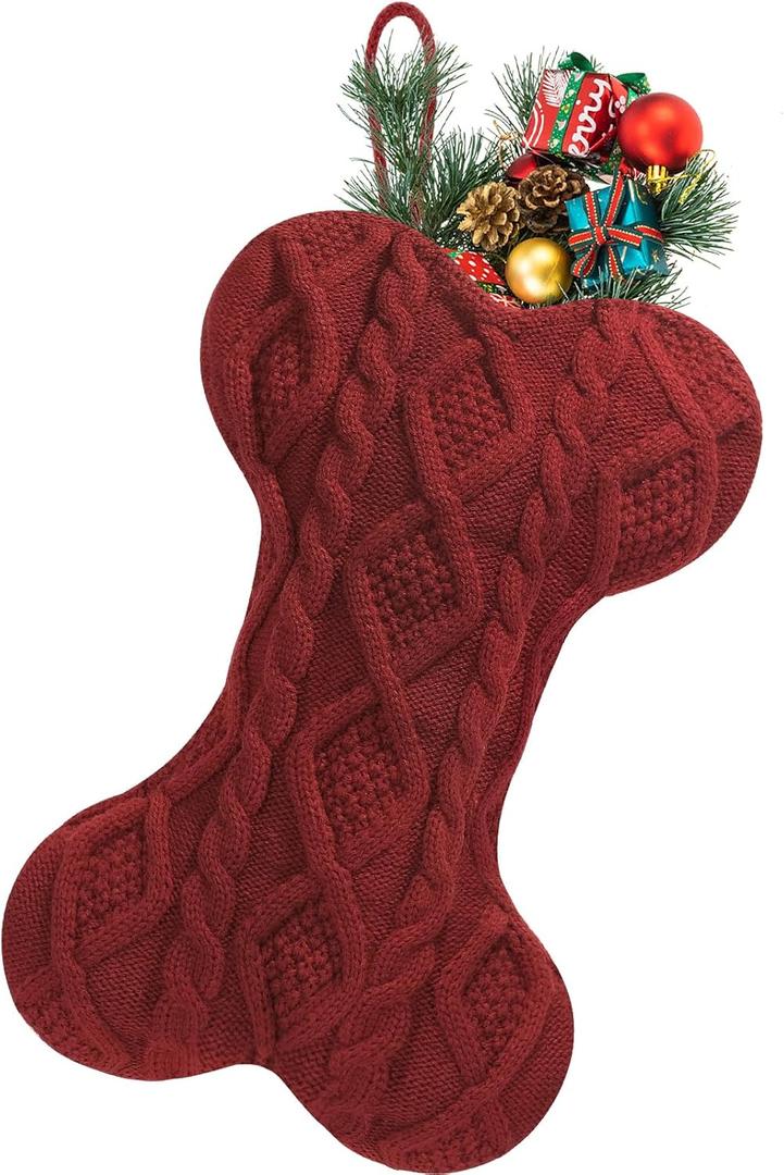 Dog Christmas Stocking, Large Bone Shape Knit Christmas Stockings for Dogs, Xmas Party Hanging Stocking for Fireplace Tree Gift Home Decoration (Red)