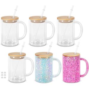 16 Oz Glass Snow Globe Tumbler Cup with Handle, Double Wall Snowglobe Tumbler Coffee Cup with Pre-Drilled Hole and Plug for Glitter Diy, 6 Pack (Clear)