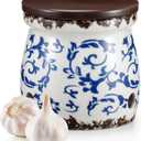 Honeydak Blue and White Porcelain Garlic Keeper with Lid 4.2" x 4" Ceramic Garlic Container for Counter Storage Countertop Holder Breathable Design for Chili Ginger Modern Farmhouse Home Kitchen Decor