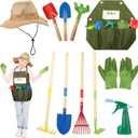 Jutom 11 Pcs Gardening Tools Set, Garden Tool for Kids Rake, Spade, Hoe, Leaf Rake, Garden Apron, Shovel, Hat, Gloves, Spray Bottle Digging Toys Backyard Toys Gift for Boys Girls Outdoor Gardening