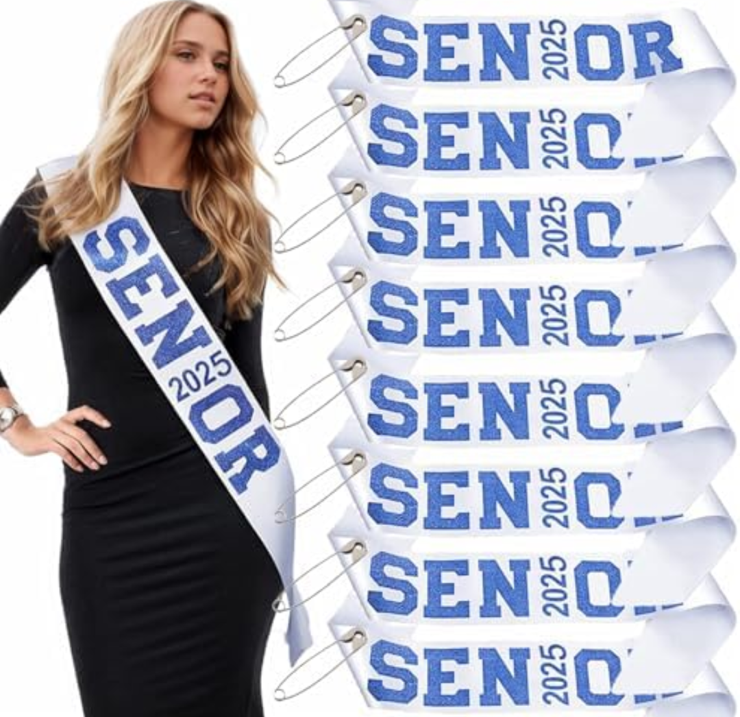 Wecrocs Senior 2025 Sashes, White with Royal Blue Glitter Letters, Graduation Party Supplie, Celebration sash 8PCS