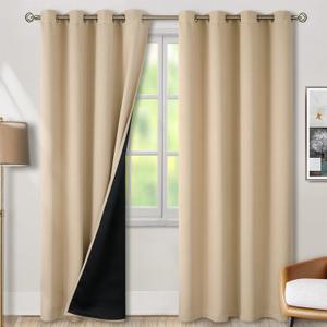 BGment Thermal Insulated 100% Blackout Curtains for Bedroom with Black Liner, Double Layer Full Room Darkening Noise Reducing Grommet Curtain (52 x 84 Inch, Beige, 2 Panels)