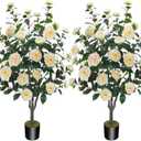 3.6FT Artificial Camellia Fake Tree, Artificial Plants & Flowers with 32 Yellow Pink Flowers for Door Front Decoration Porch Patio Living Room Office Indoor Outdoor Decor (2PCS Contains Dried Moss)
