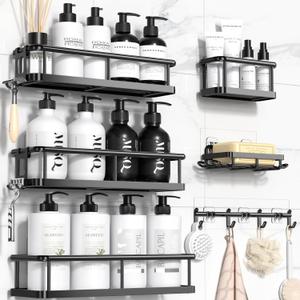 YASONIC Shower Caddy 6 Pack Rustproof shower Organizer, Large Capacity Shower Shelves for inside shower, Bathroom Organizers and Storage with Soap Holder and 12 Hooks, Adhesive Shower storage, Black (XL size)