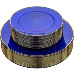 Hioasis 60pcs Blue and Gold Plastic Plates - Brown Disposable Dinnerware Set, 30pcs Dinner 10.25in & 30pcs Dessert 7.5in Plates with Striped Designs for Party & Wedding