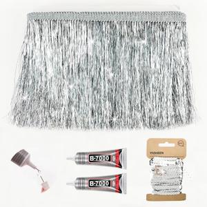 Silver Tinsel Fringe Trim, 5Yards X 5.9 Inch Metallic Fringe Trim with B7000 Glue for Karma Jacket Costume Crafts Sparkly foil Wedding Birthday Party Decoration
