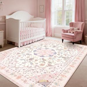 Area Rug - Vintage 8x10 Non-Slip Backing Area Rugs Light Pink Soft Faux Wool Carpet Foldable & Machine Washable Rugs for Living Room Bedroom Dining Room Nursery Home Office