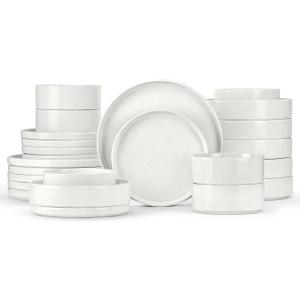 Herogo 24 Piece Dinnerware Sets with Pasta Bowls for 6, Dinner Salad Plates and Cereal Serving Bowls, Stoneware Dishes Dinner Ware for Kitchen Dining, Dishwasher & Microwave Safe, Speckled White